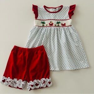 Busy Bees Smocks Girls 5 Polka Dot Smocked Dress & Shorts Set Crab Spring Summer